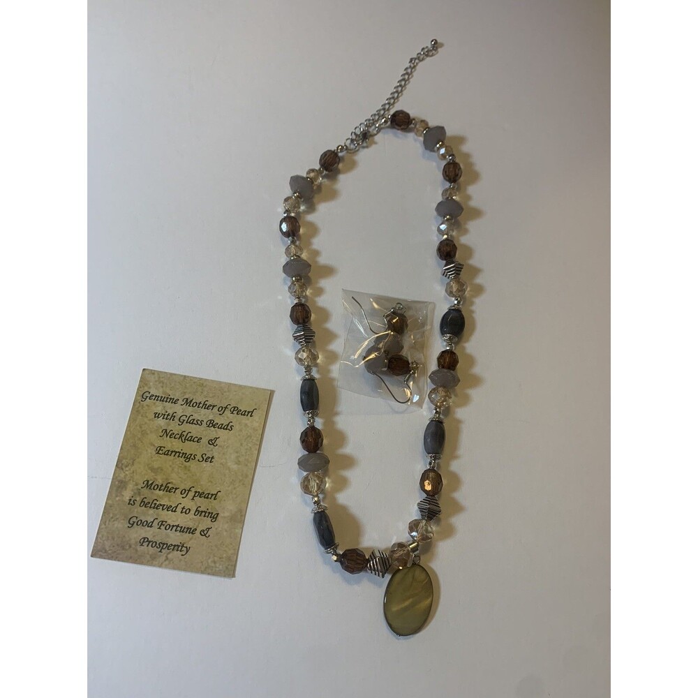 Mother Of Pearl Necklace Earrings Set Boho Good Fortune Prosperity Earthy Beads - Picture 2 of 11